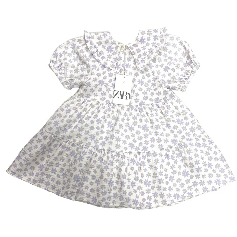 ZARA Floral Daisy Print Dress in White with Purple 2-3 Years New with Tags